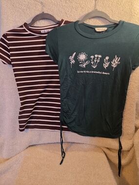 Green Floral Graphic Tee And Brown and White Striped Tee